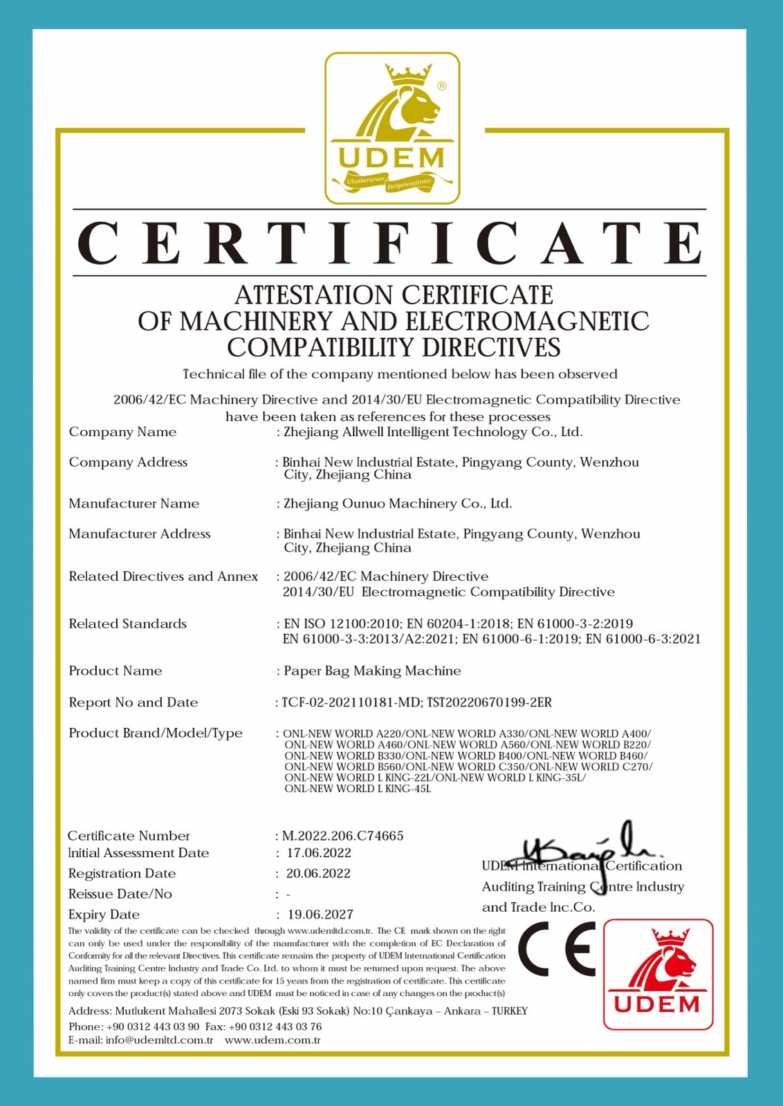 CE documentation sample paper bag machine